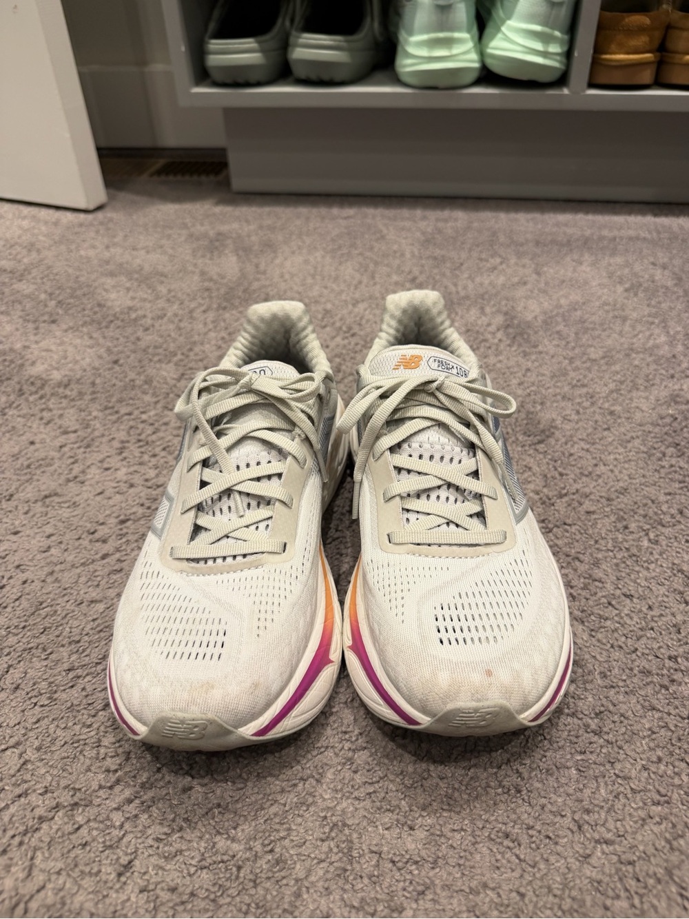 New Balance Women's Athletic Sneakers - Light Gray with Pink and Orange Accents